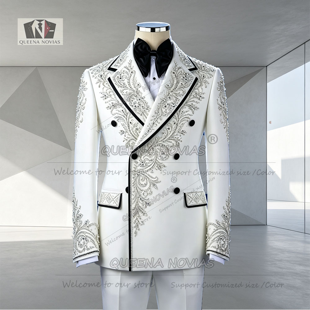 Men Formal Wear Jacket - Luxury Sliver Beading Suits Men Double